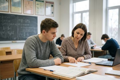 Jeune étudiant concentré en classe avec professeur