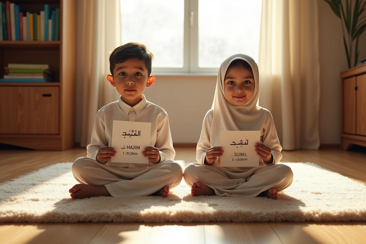 Deux enfants musulmans apprenant les horaires de prière à l'aide de fiches illustrées dans un salon familial