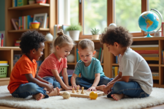 Groupe d'enfants souriants jouant à un jeu de société en classe