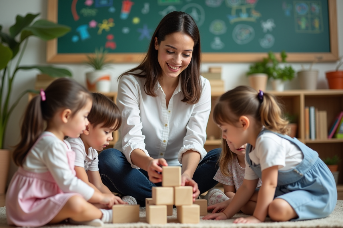 Enseignante aidant des enfants à construire une tour de blocs