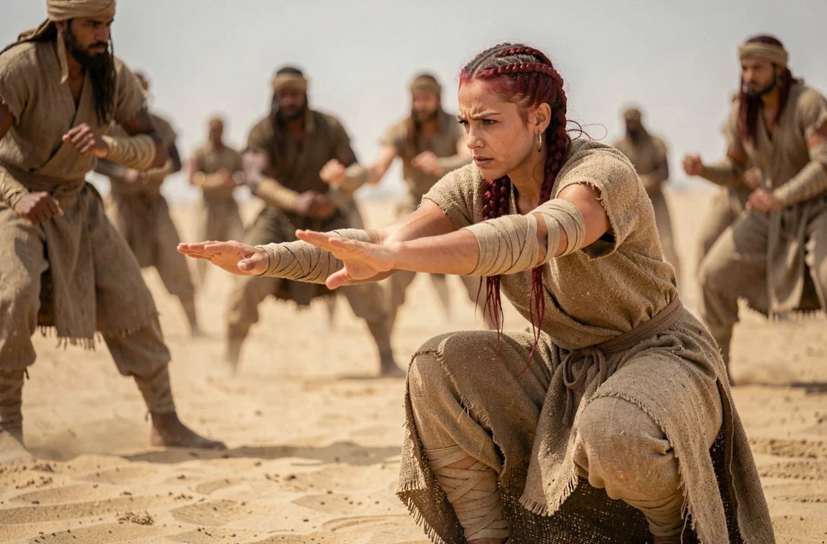 Femme Aiel en entraînement au combat dans un camp désertique entouré d'autres guerrières en tenue traditionnelle