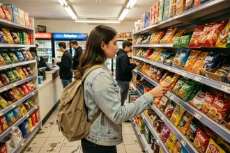Étudiante faisant ses courses dans une épicerie ouverte tard près du campus de Montpellier