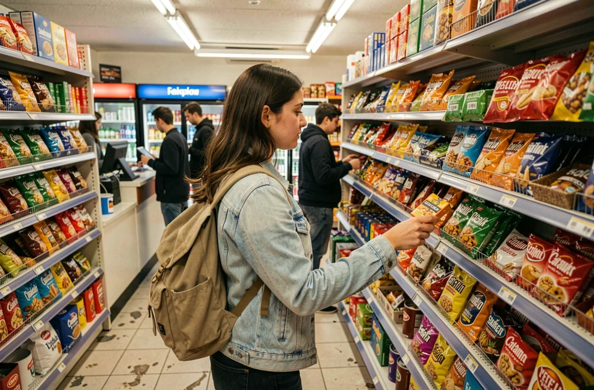 Étudiante faisant ses courses dans une épicerie ouverte tard près du campus de Montpellier