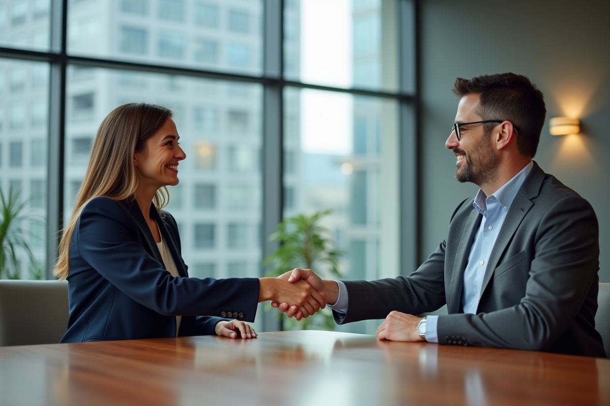 Deux professionnels d'affaires se serrant la main dans un bureau moderne