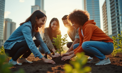 Jeune equipe diverse plantant un arbre en ville