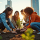Jeune equipe diverse plantant un arbre en ville