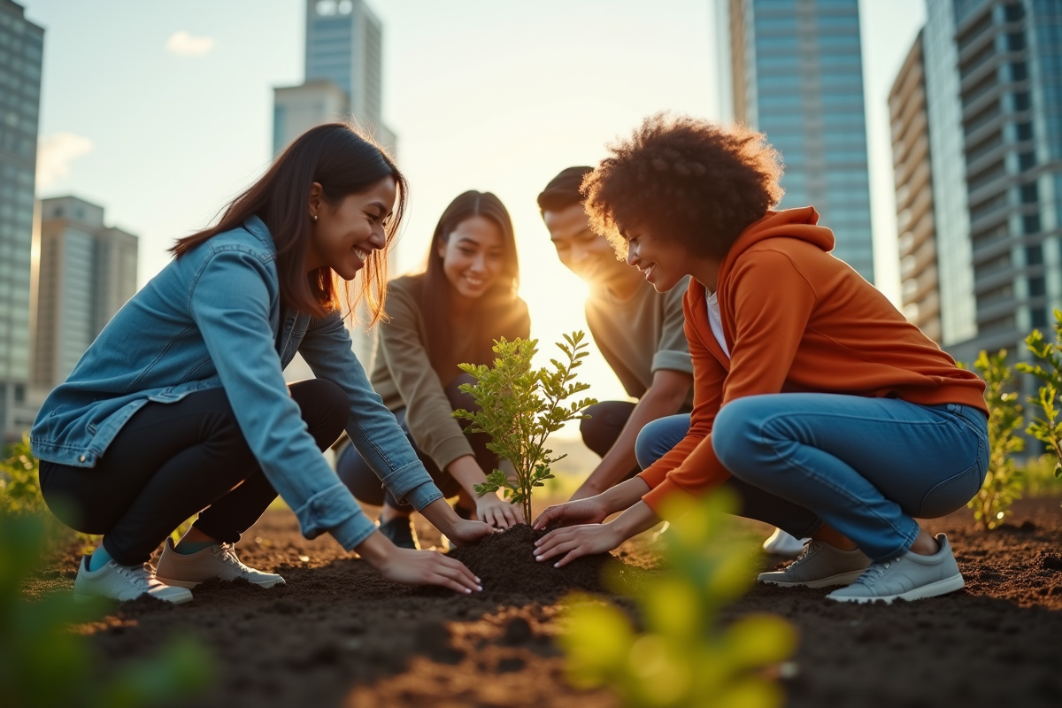 Jeune equipe diverse plantant un arbre en ville