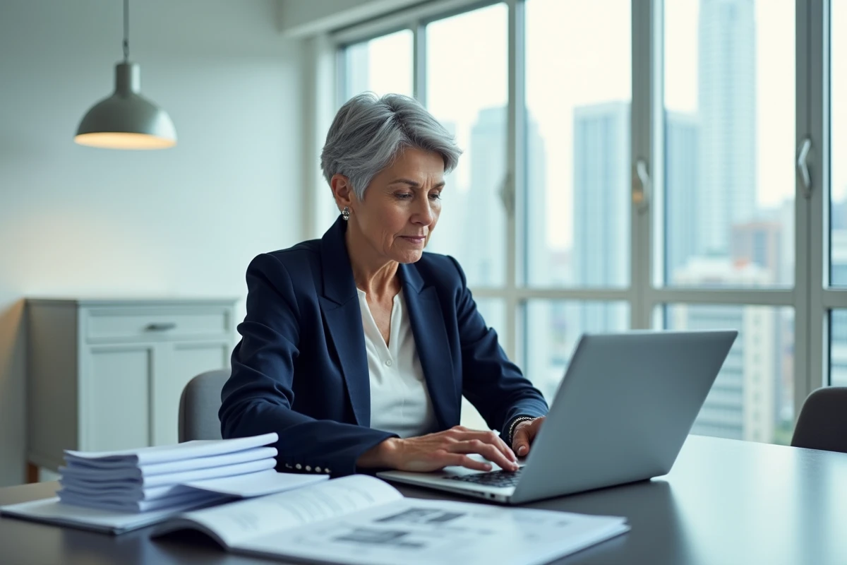 Femme experte en copropriété consultant un dossier technique numérique dans une salle de réunion moderne