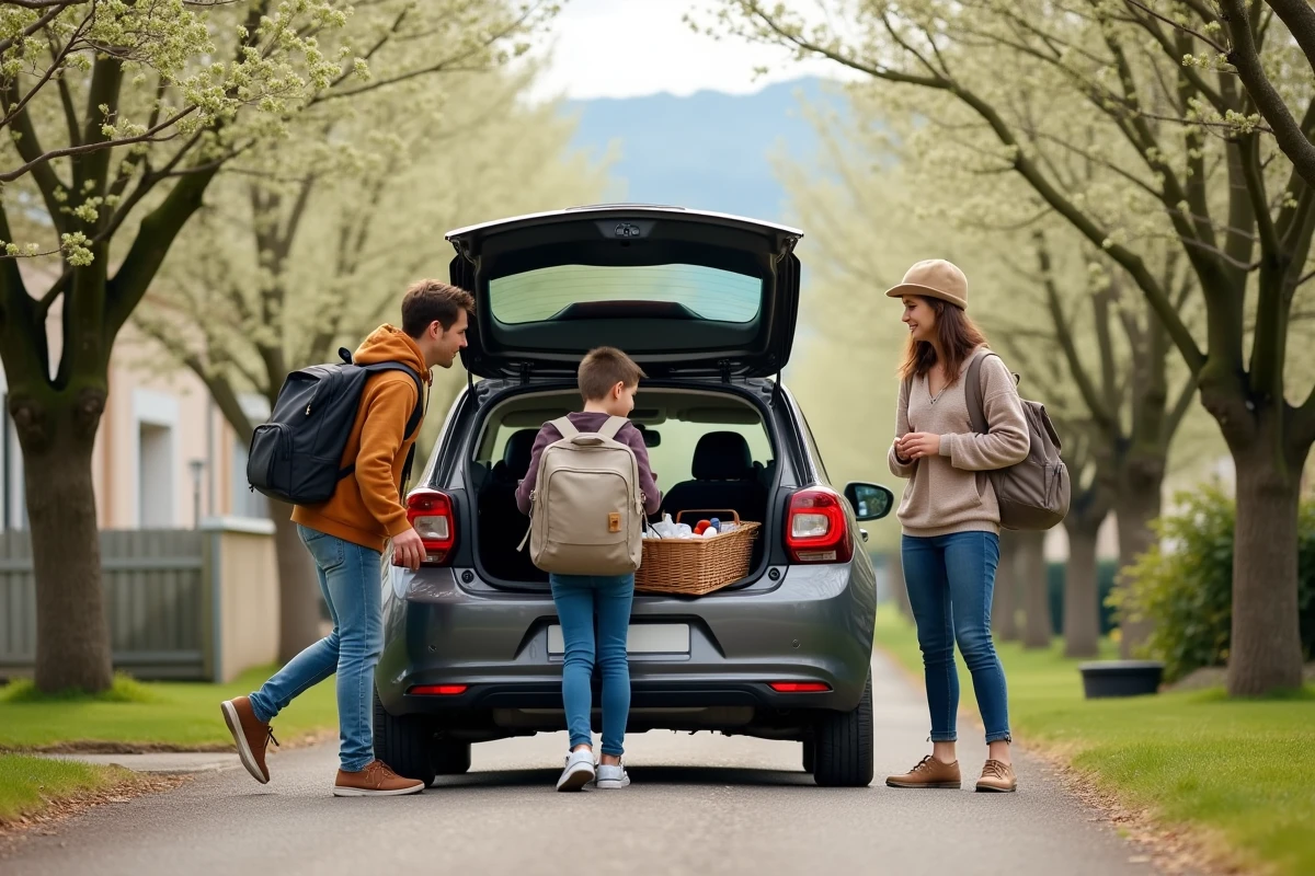 Famille française chargeant une voiture pour un week-end prolongé en mai lors d'un jour férié