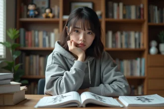 Jeune femme pensive entourée de mangas et de fiches de personnages, symbolisant le débat des fans sur l'écriture de Christa dans Attack on Titan