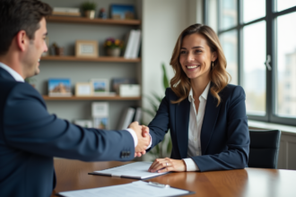 Femme d'affaires serrant la main d'un agent immobilier dans un bureau moderne