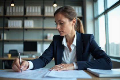 Femme d'affaires en blazer bleu examine des feuilles de dépôts clients
