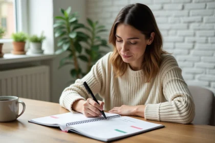 Femme écrivant ses objectifs trimestriels dans un agenda 2026 personnalisé posé sur un bureau en bois