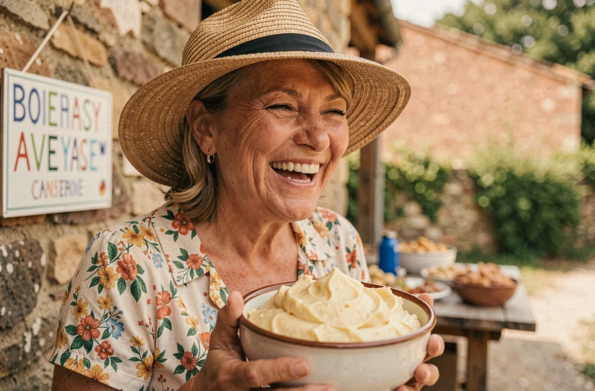Femme souriante dégustant de l'aligot lors d'une fête traditionnelle en Aveyron