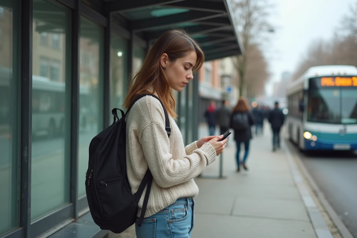 Jeune femme à un arrêt de bus urbain regardant son téléphone