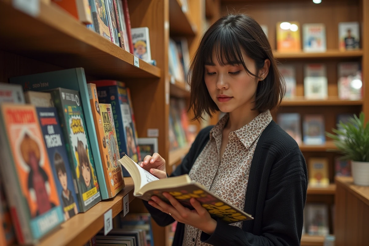 Femme feuilletant manga dans une librairie chaleureuse