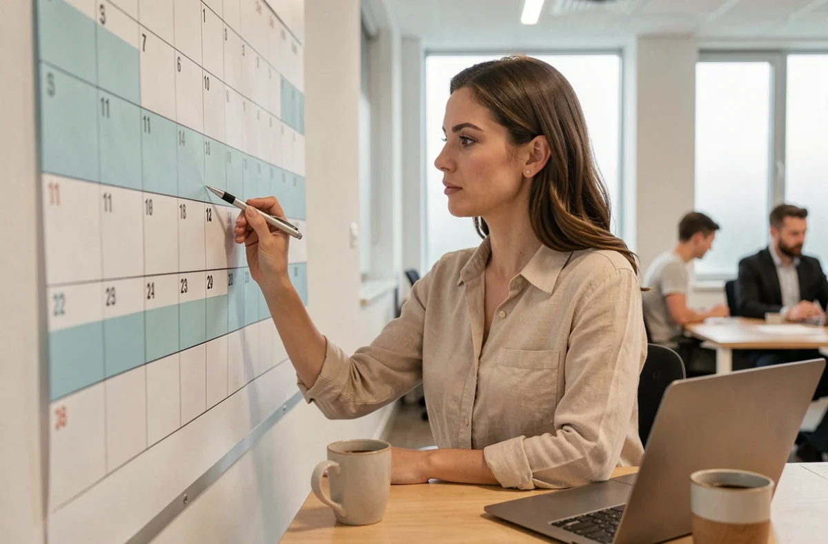 Femme au bureau annotant un calendrier semaines paires et impaires 2026 sur papier