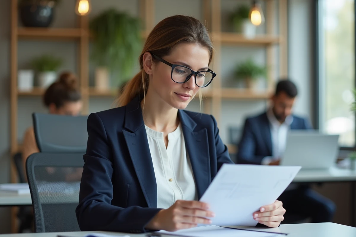 Femme professionnelle lisant un document officiel lié au Gagrop dans un bureau moderne