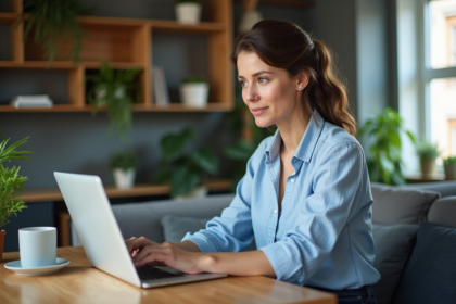 Femme assise à un bureau moderne naviguant sur le portail Orange