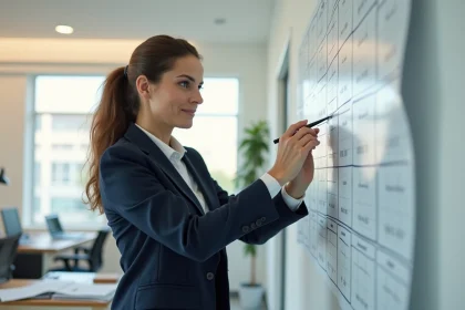 Femme professionnelle marquant les semaines paires sur un calendrier mural dans un bureau moderne en 2026