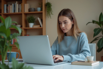 Jeune femme utilisant un chatbot sur son ordinateur à la maison