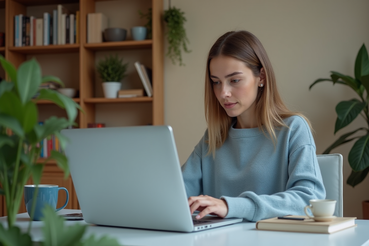 Jeune femme utilisant un chatbot sur son ordinateur à la maison