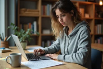Femme concentrée résolvant un puzzle Codycross sur un bureau avec un ordinateur portable et des notes papier