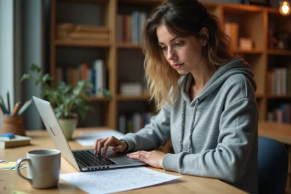 Femme concentrée résolvant un puzzle Codycross sur un bureau avec un ordinateur portable et des notes papier