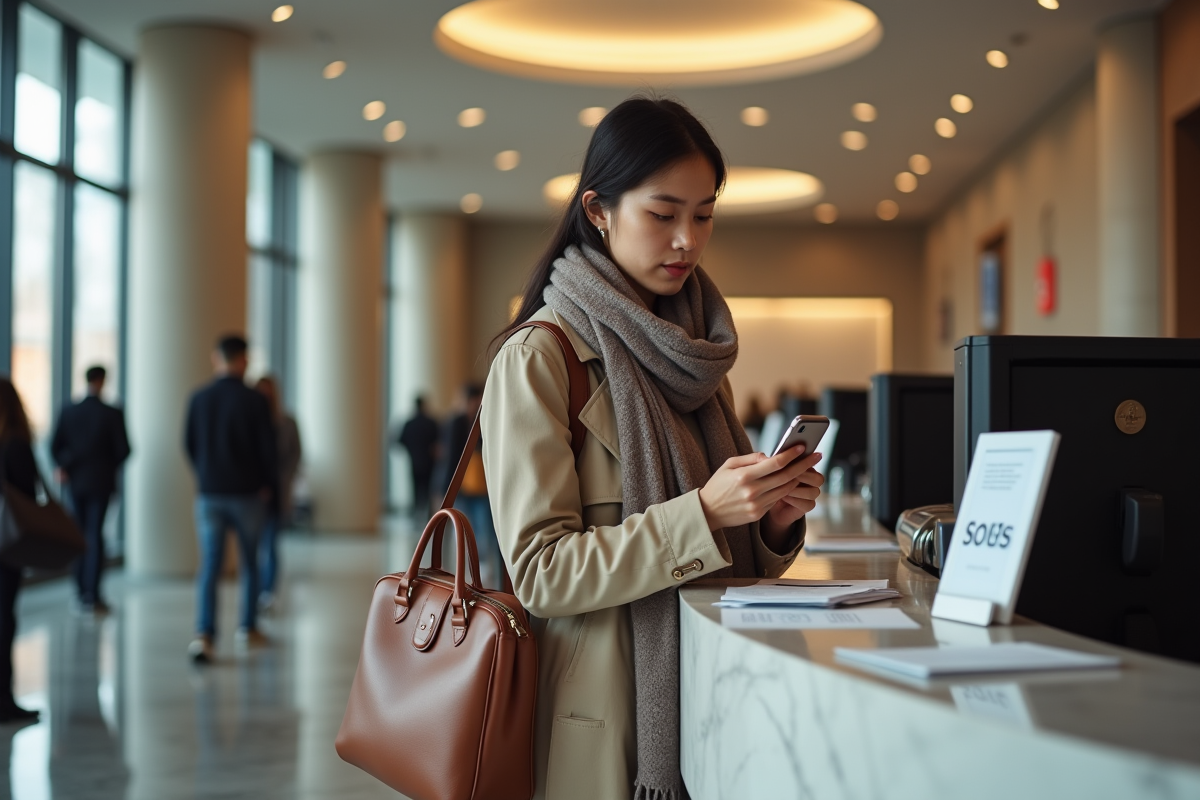 Jeune femme au comptoir de banque intérieure