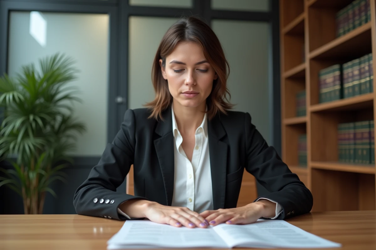 Femme consultant des documents juridiques dans un bureau d'aide légale, représentant les démarches liées à une mesure d'éloignement