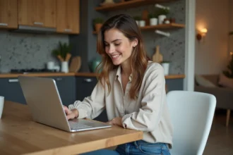 Femme travaillant sur son ordinateur dans la cuisine