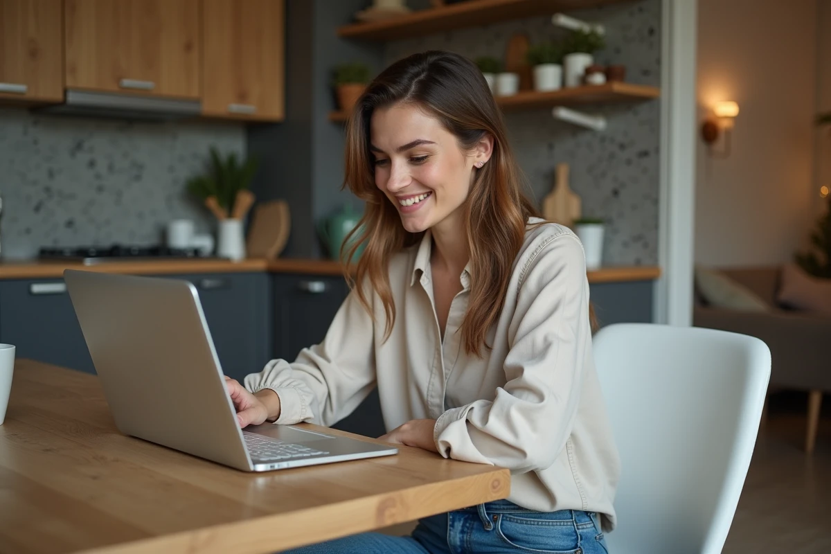 Femme travaillant sur son ordinateur dans la cuisine