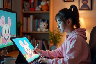 Jeune femme dessinant du pixel art kawaii Disney sur une tablette graphique dans un studio créatif à domicile