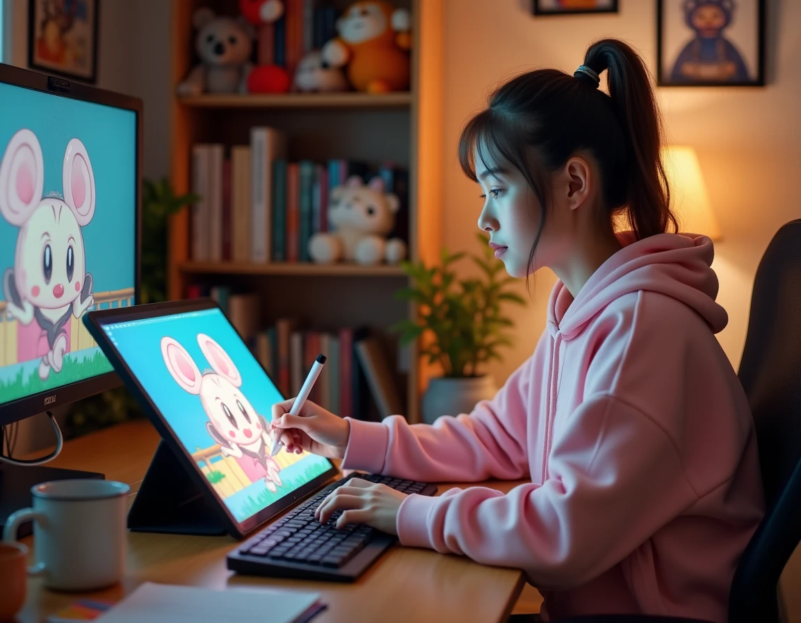 Jeune femme dessinant du pixel art kawaii Disney sur une tablette graphique dans un studio créatif à domicile