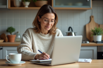Femme française calculant ses économies à la maison