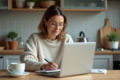 Femme française calculant ses économies à la maison