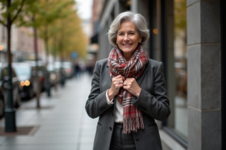 Femme élégante en ville ajustant son foulard gris