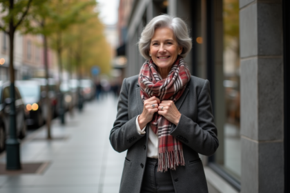 Femme élégante en ville ajustant son foulard gris