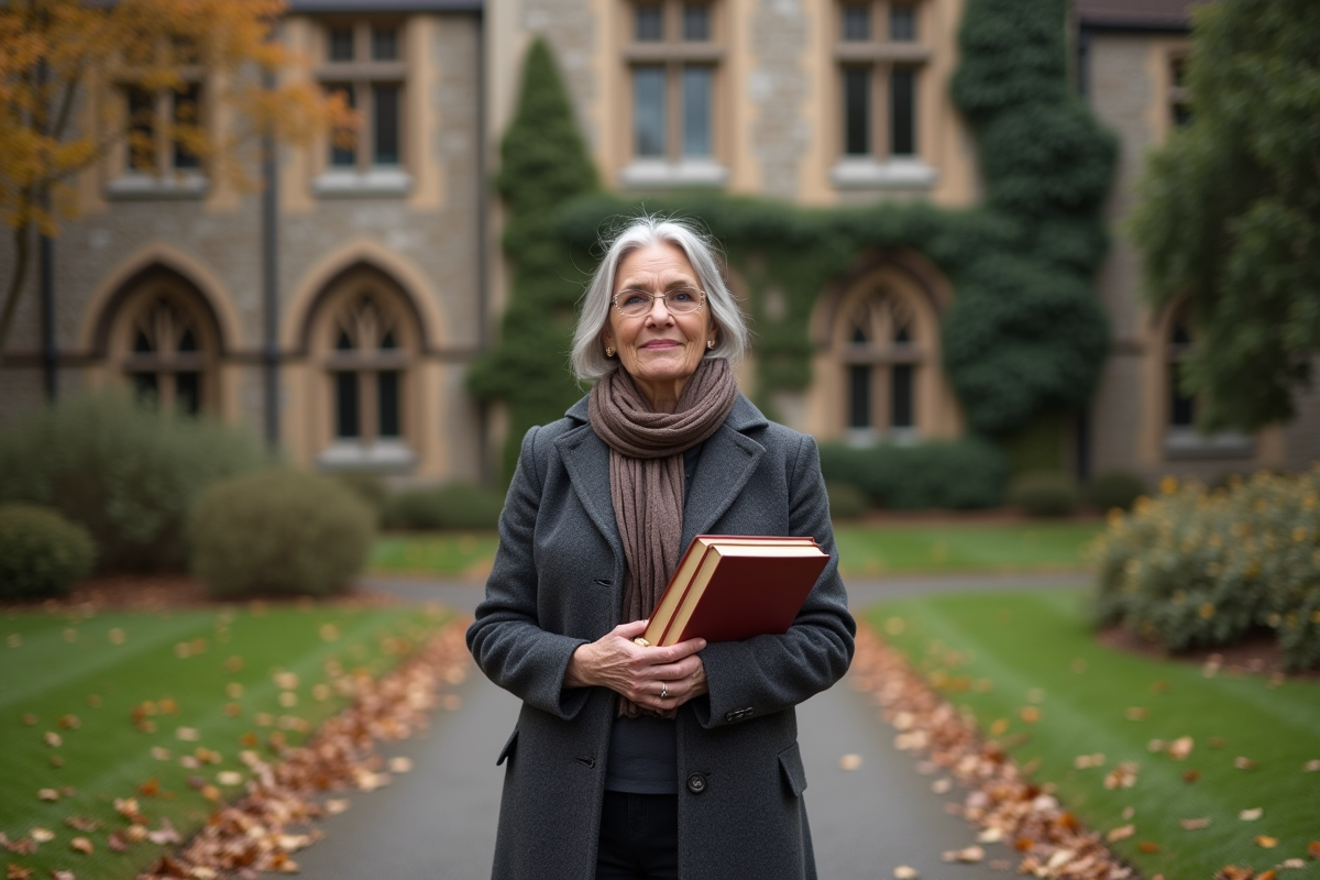 Femme éducatrice en extérieur devant un bâtiment universitaire