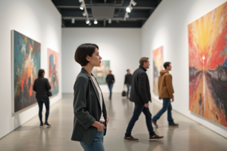 Femme élégante examinant une peinture abstraite dans une galerie moderne