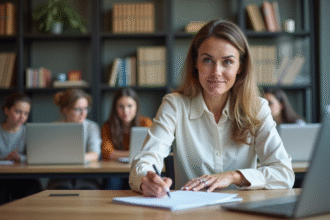 Femme attentive prenant des notes en formation adulte