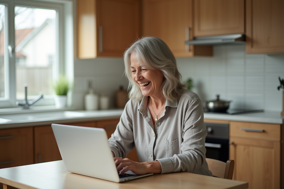Femme souriante vérifiant ses dépenses dans une cuisine
