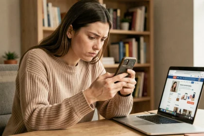 Femme inspectant attentivement un iPhone d'occasion avant un achat en ligne pour éviter les arnaques