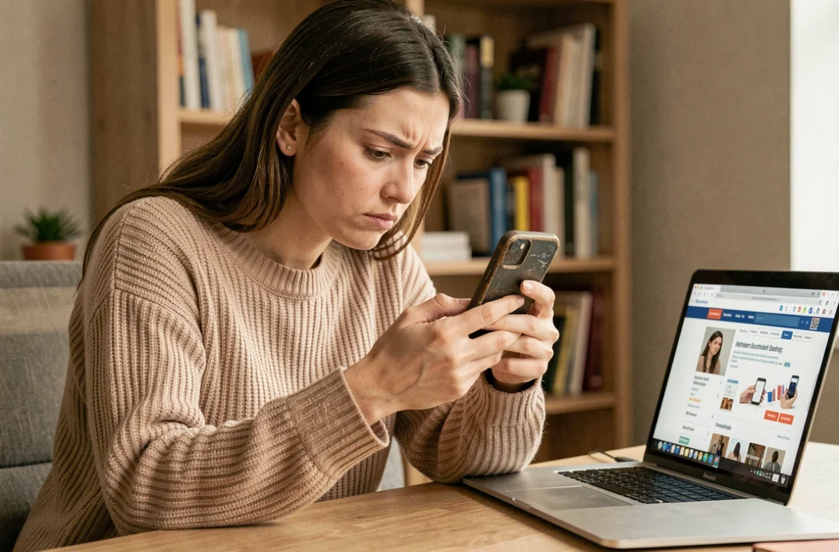 Femme inspectant attentivement un iPhone d'occasion avant un achat en ligne pour éviter les arnaques