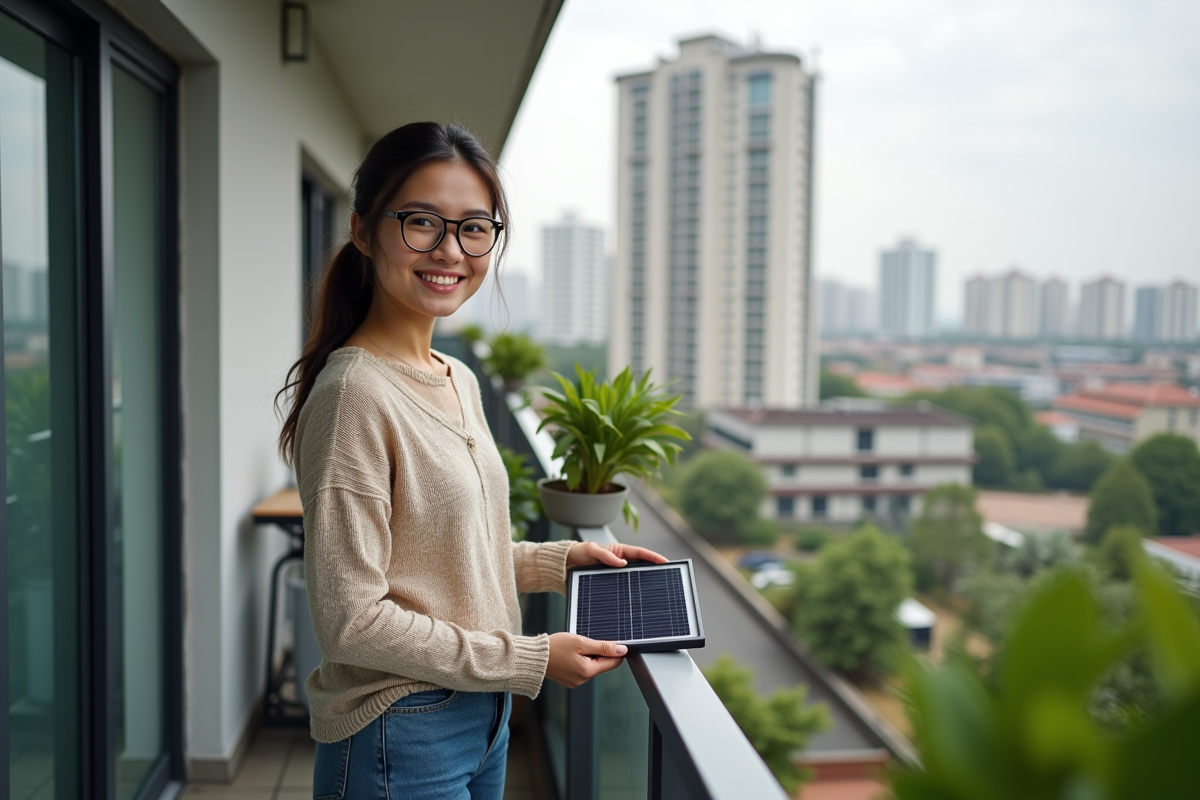 Jeune femme installant des panneaux solaires sur un balcon