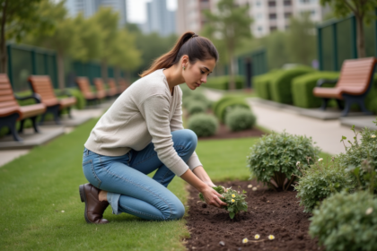 Femme plantant des fleurs dans un jardin urbain