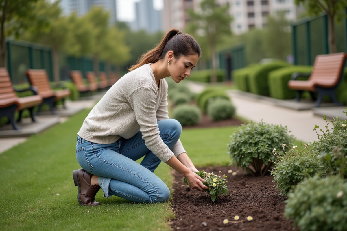 Femme plantant des fleurs dans un jardin urbain