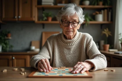 Femme d'âge moyen jouant au Scrabble dans une cuisine chaleureuse