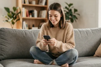 Jeune femme jouant à Monopoly GO sur smartphone dans son salon confortable un jour de repos