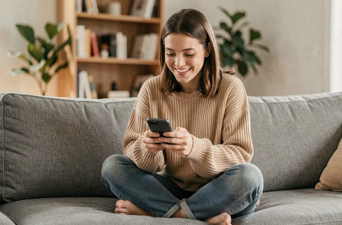 Jeune femme jouant à Monopoly GO sur smartphone dans son salon confortable un jour de repos
